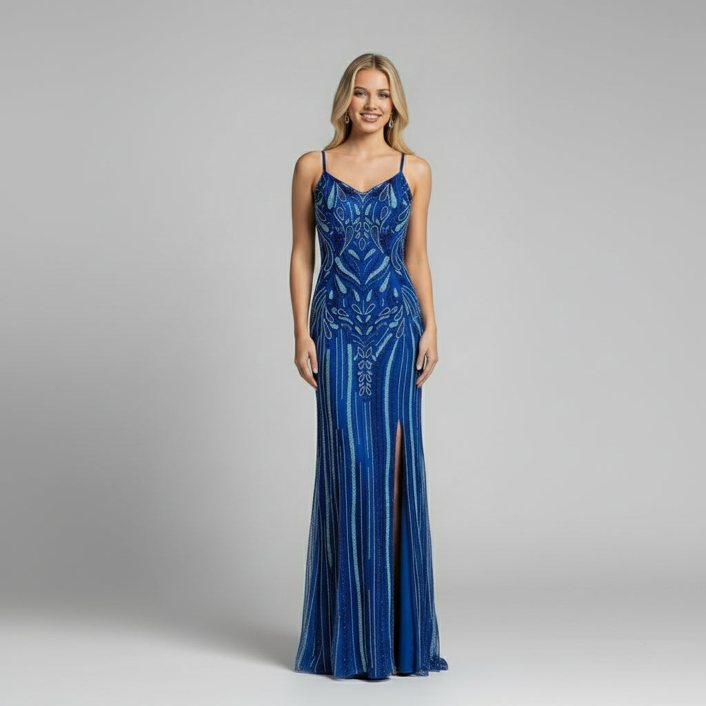 Alyce Paris blue and turquoise beaded dress, size 2, NEW WITH TAGS!