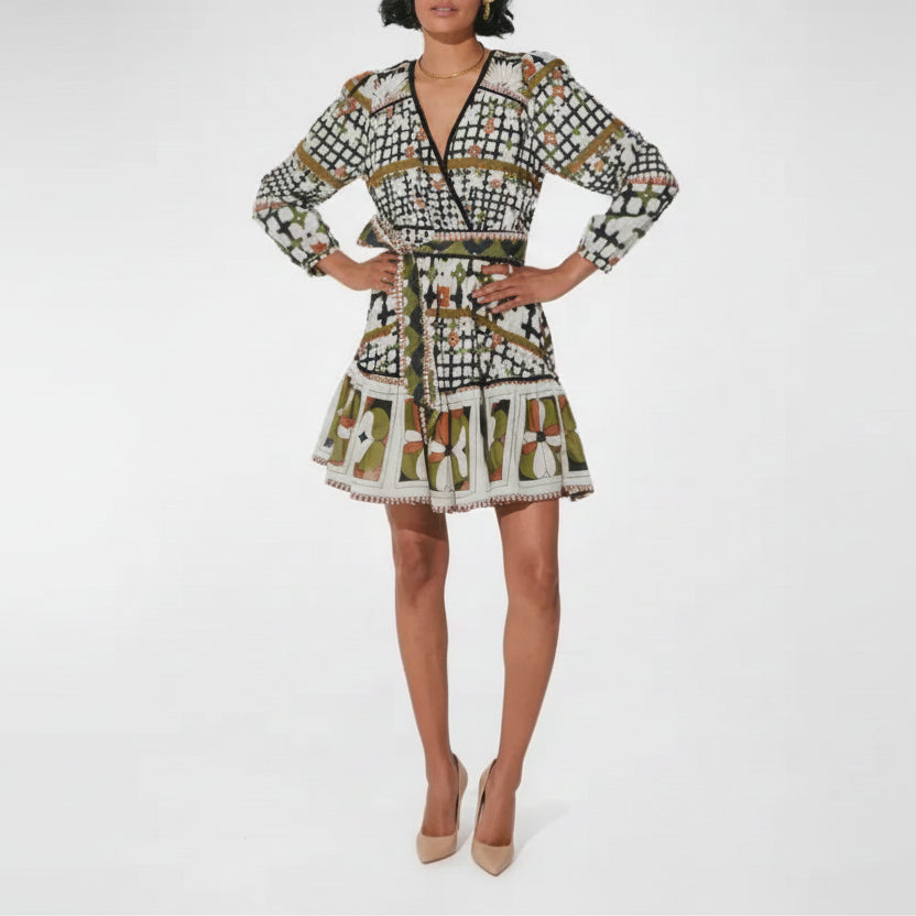 Cleobella white, olive, and black print Emory dress, size S