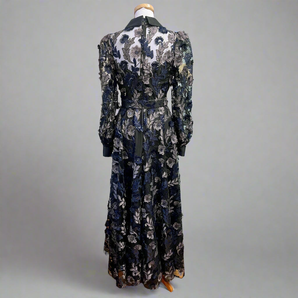 Badgley Mischka black, navy, and plum floral sequin dress, size 6