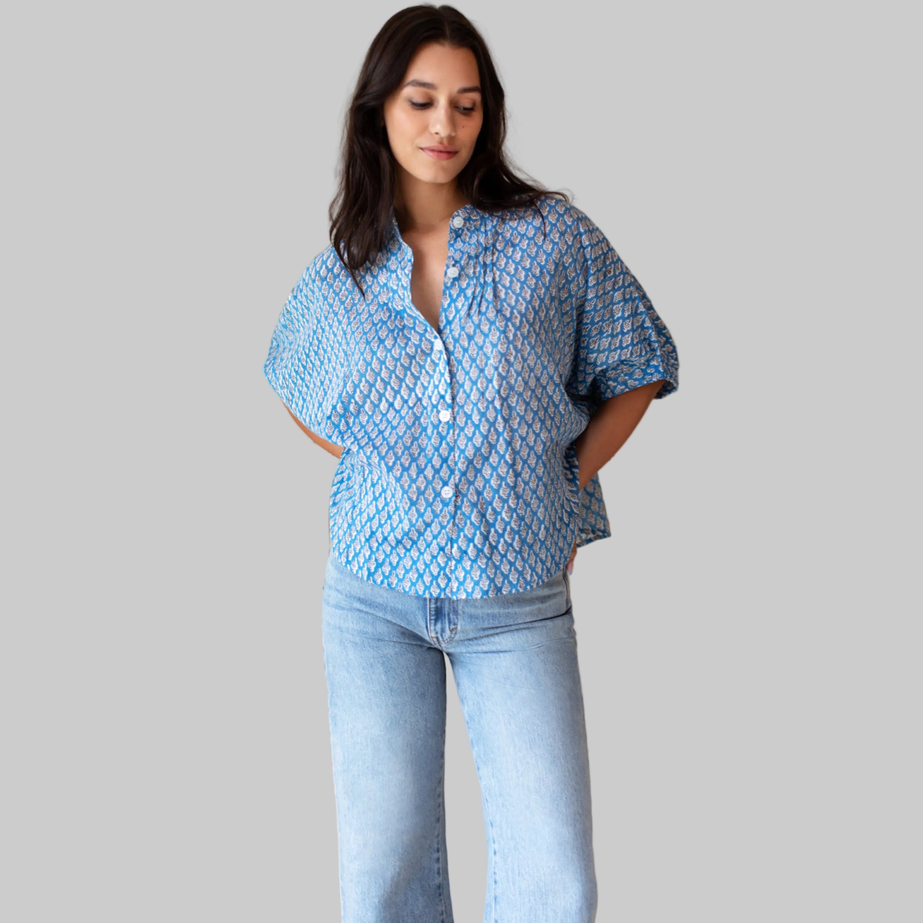 Emerson Fry blue print Harlow blouse, one size fits most