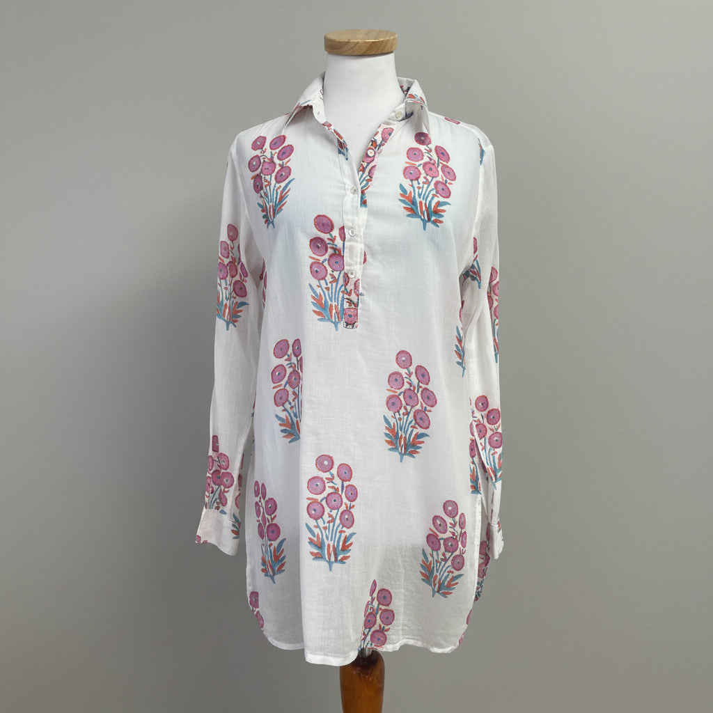 Oliphant white, pink, turquoise floral cotton blouse, size M