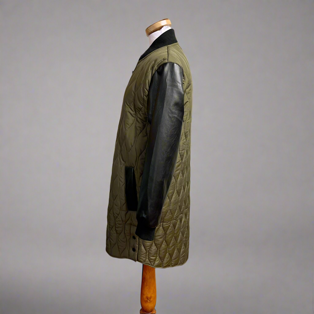 Foil olive and black quilted coat, size 4