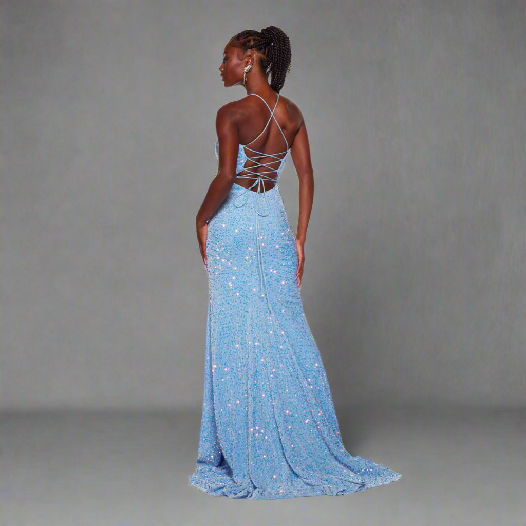 Alyce Paris periwinkle plush sequin dress, size 6, NEW WITH TAGS!