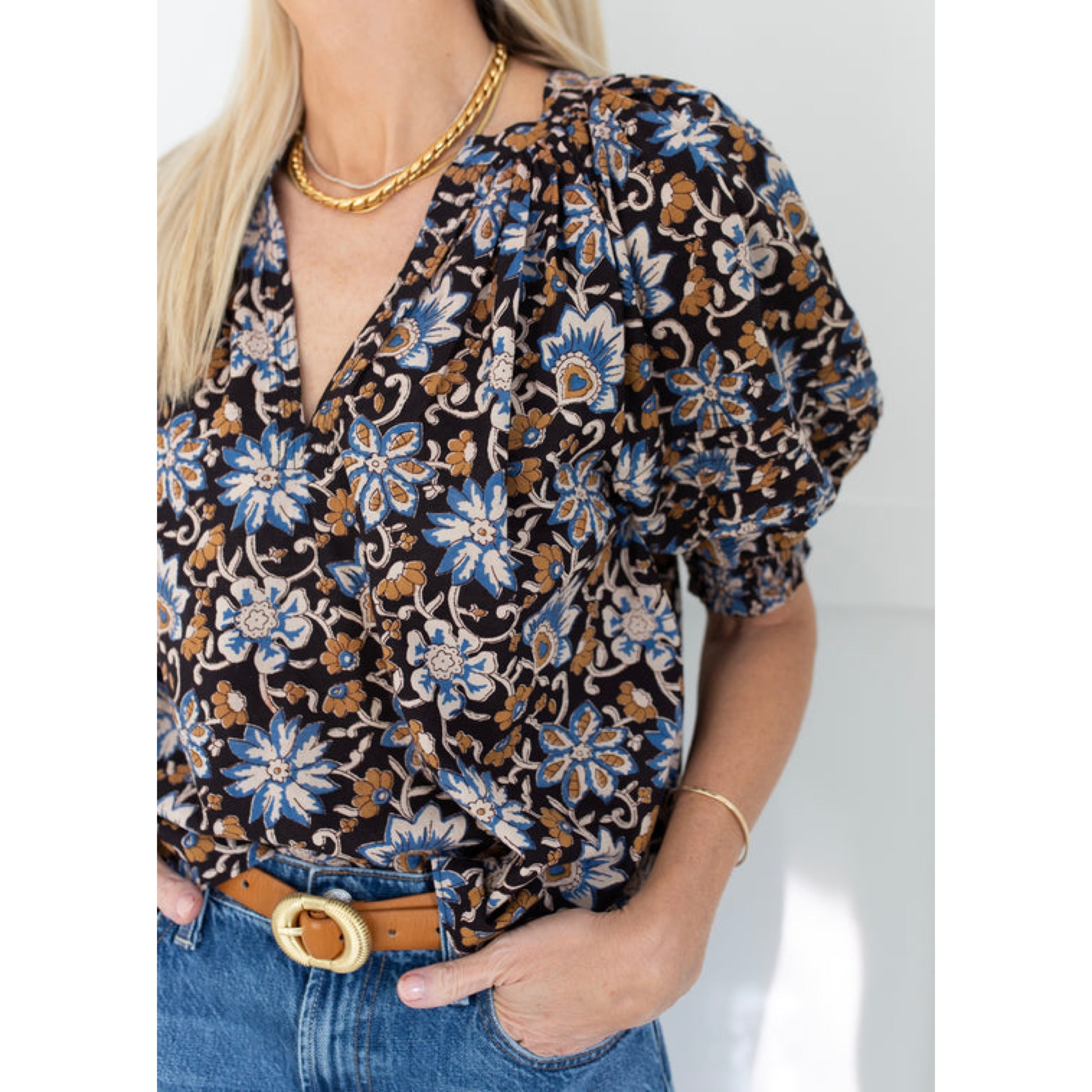 Saule Parc black, tan, and blue floral blouse, size M