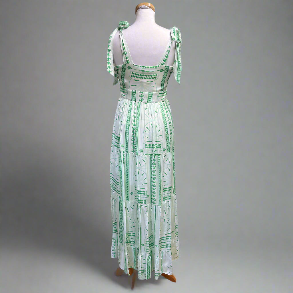 Emily McCarthy green print Royal Palm Bow maxi dress, size XS