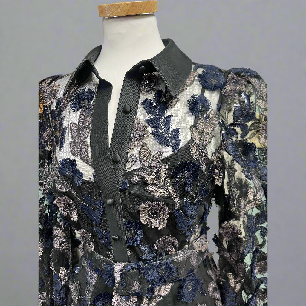 Badgley Mischka black, navy, and plum floral sequin dress, size 6