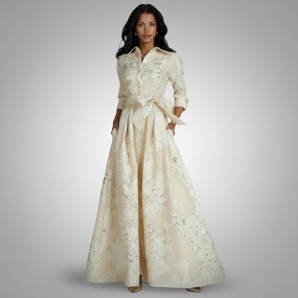 Terijon champagne metallic jacquard dress, size 16