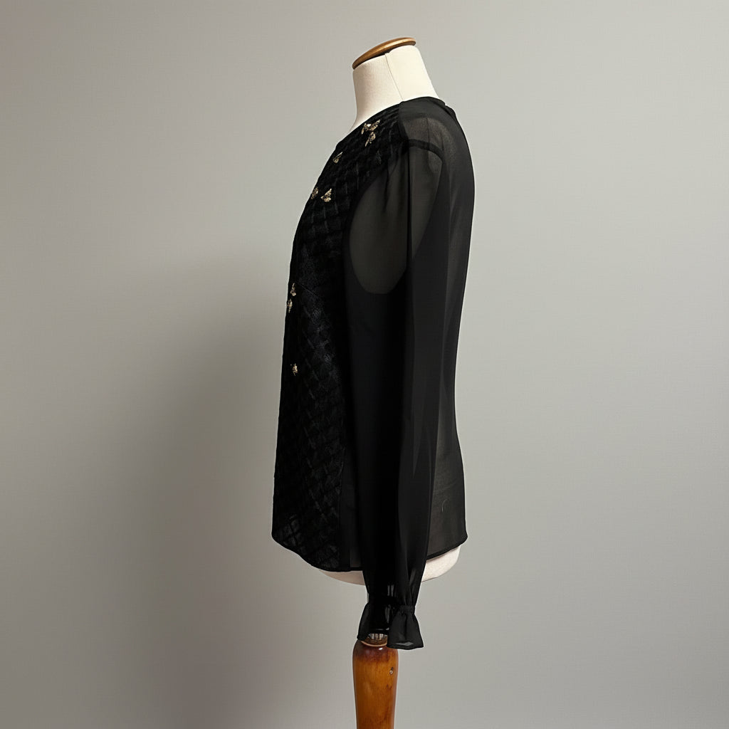 Ted Baker black blouse with gold bees, size S/M