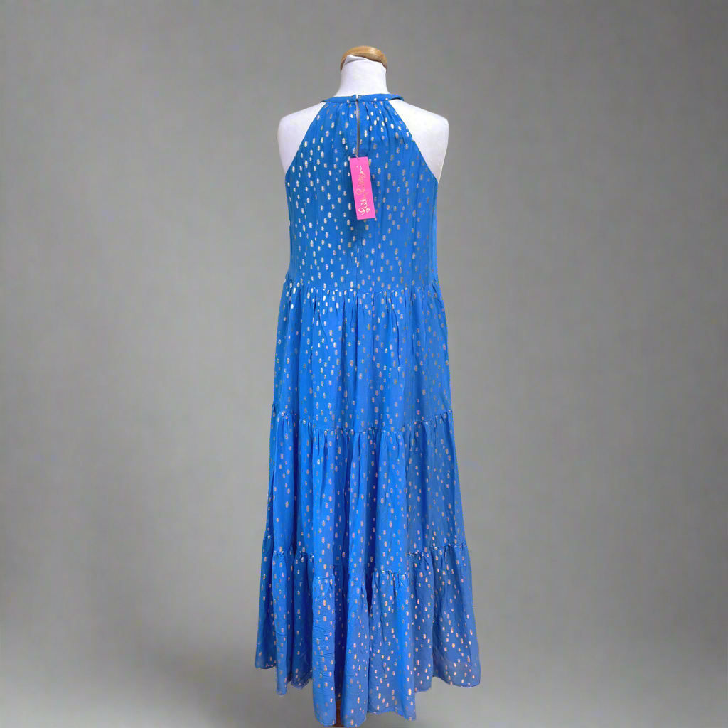 Lilly Pulitzer blue and gold Beccalyn maxi dress, size XS, NEW WITH TAGS!