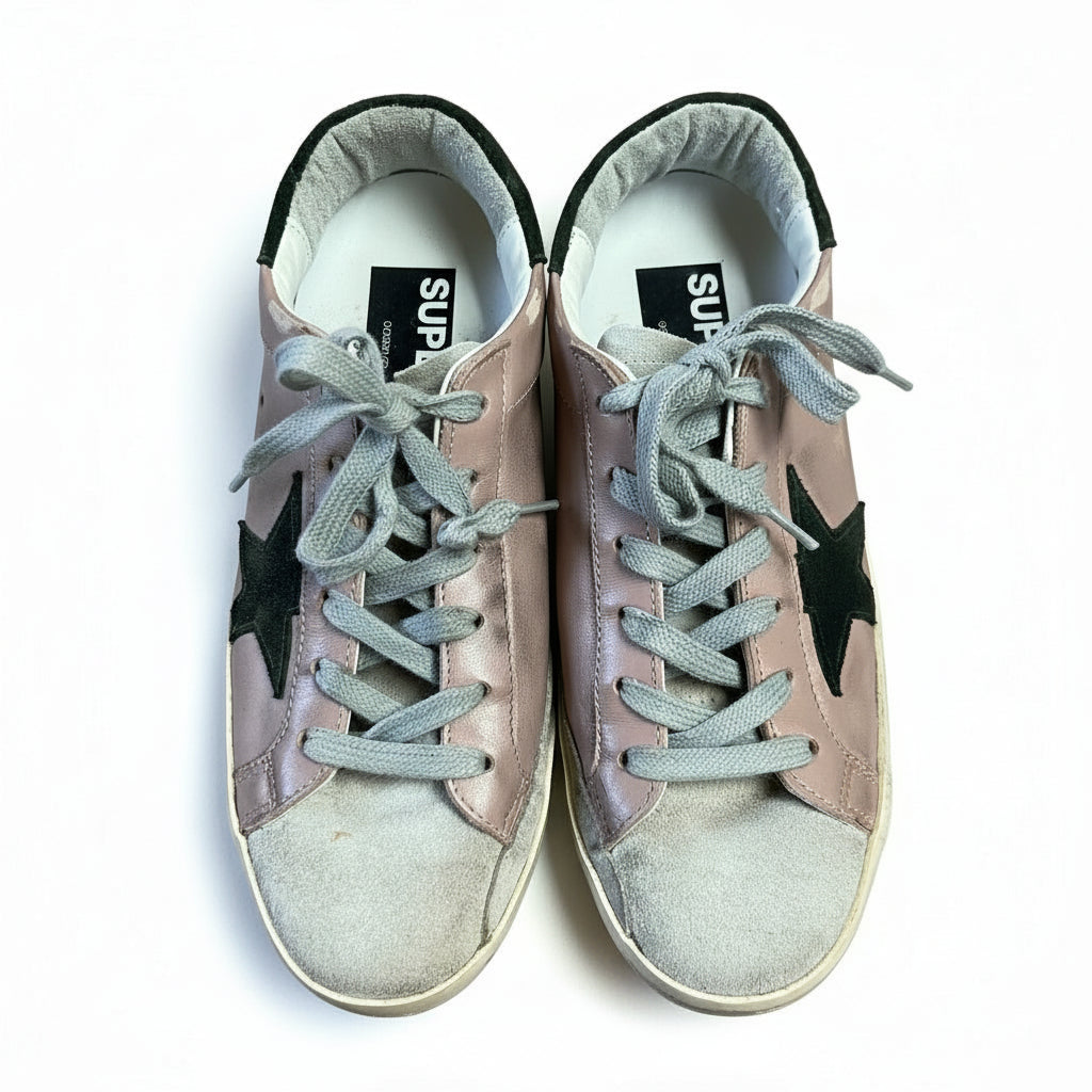 Golden Goose pink leather and olive suede Super Star sneakers, size 37, US 7