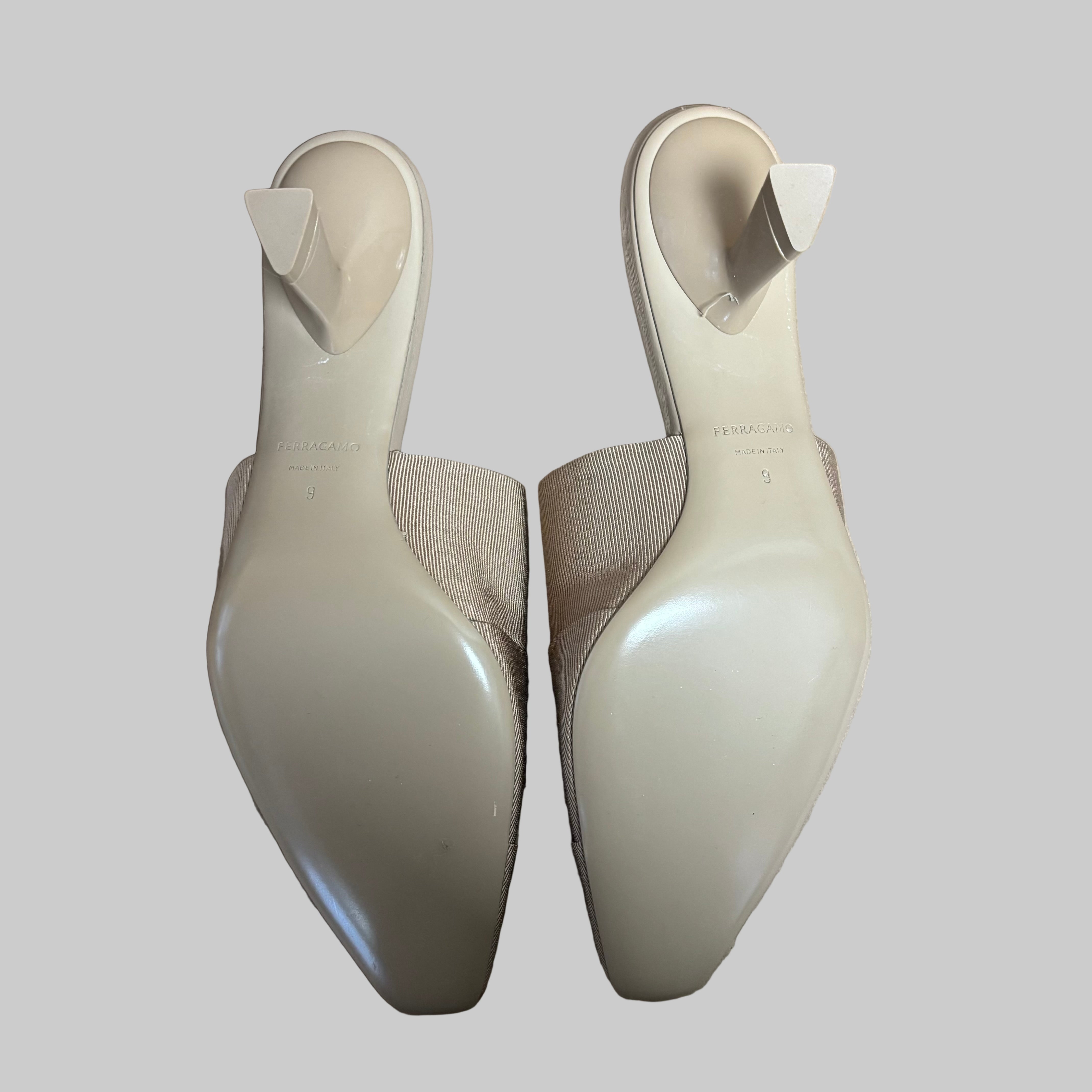 Ferragamo tan grosgrain trim Algedi 55 mules, size 9, BRAND NEW!