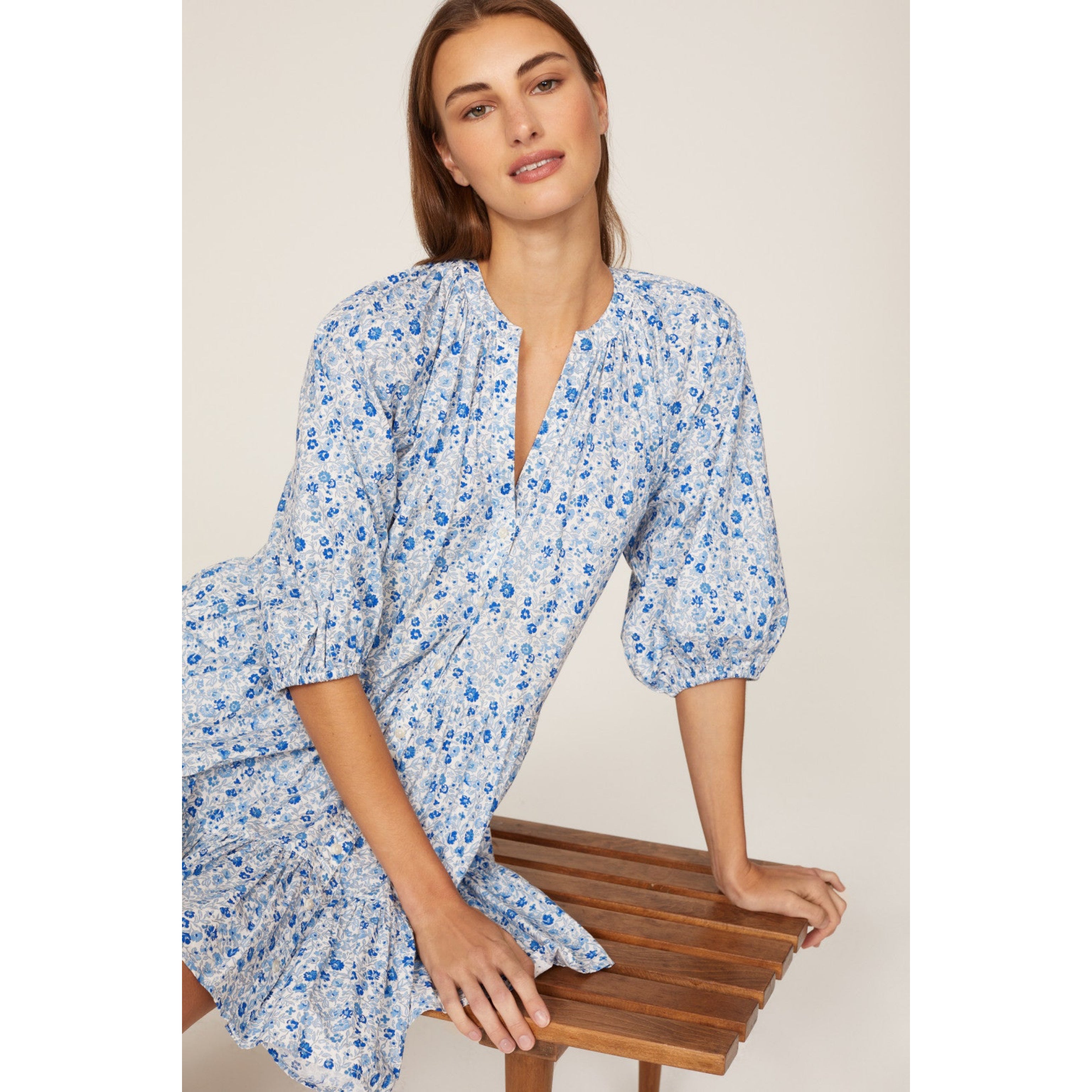 Apiece Apart white and blue floral Mitte dress, size XS