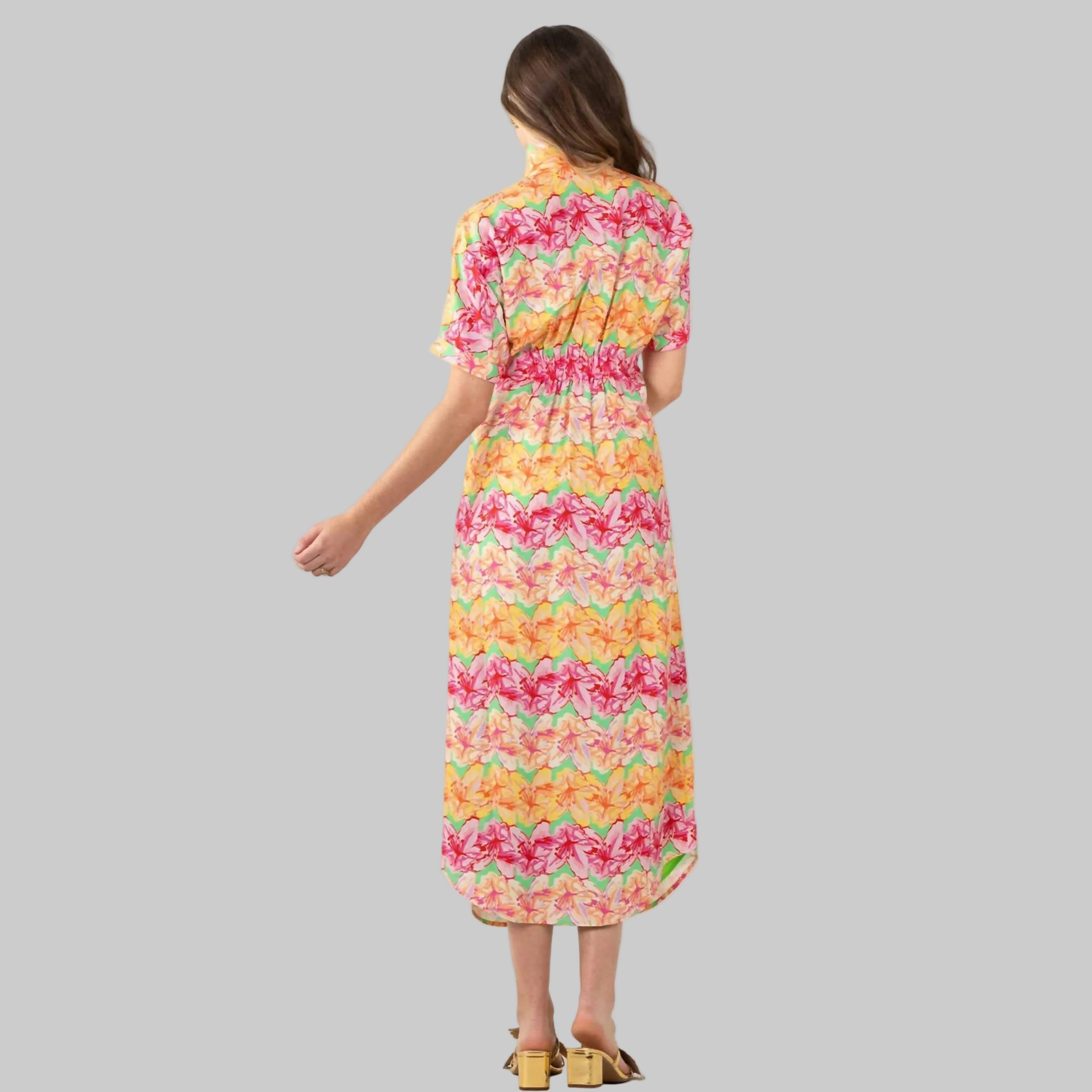 Emily McCarthy green, coral, and pink floral Georgia dress, size M