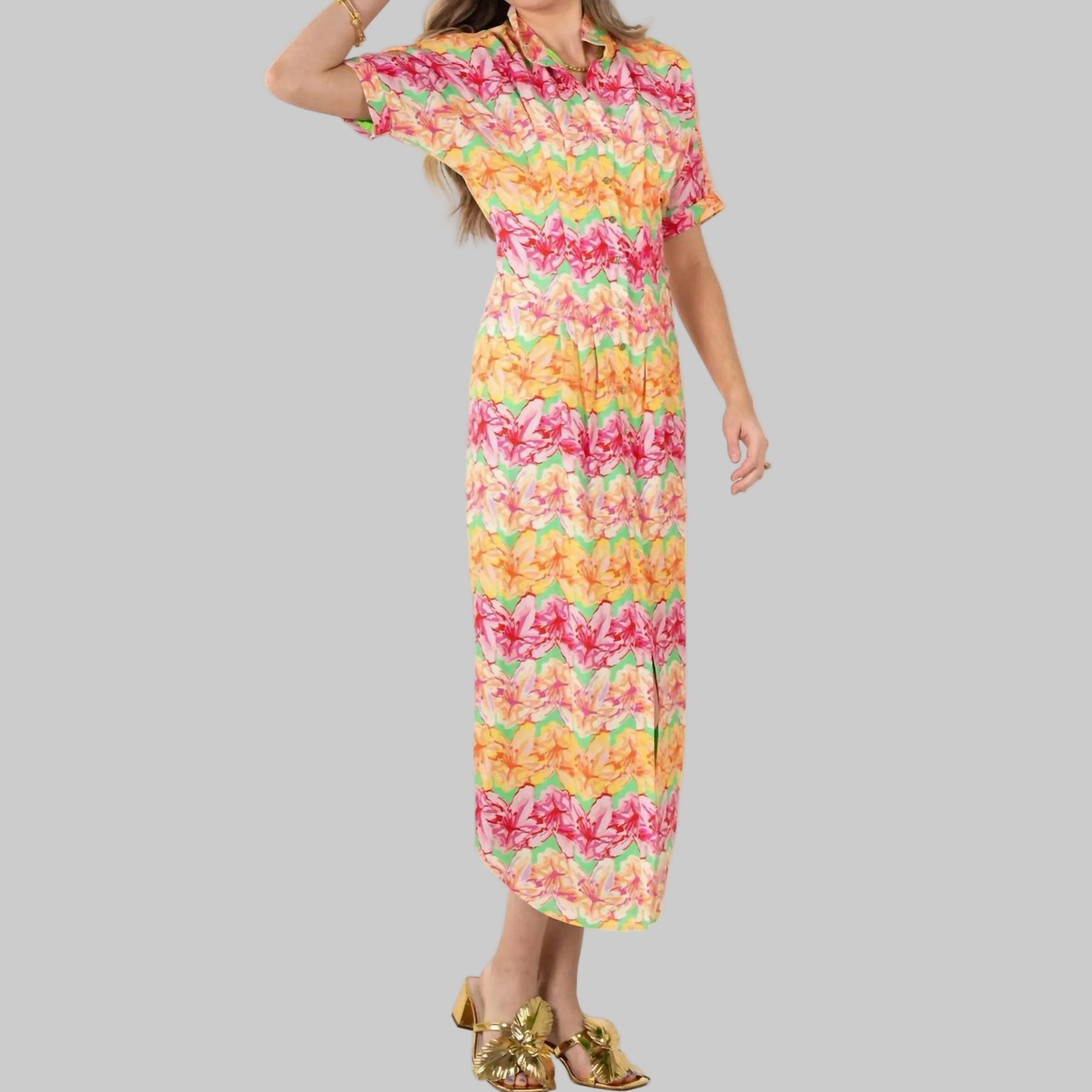 Emily McCarthy green, coral, and pink floral Georgia dress, size M