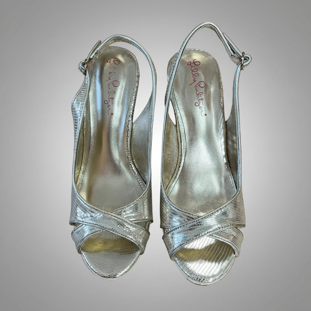 Lilly Pulitzer gold Picture Perfect wedge shoes, size 6, NEW IN BOX!