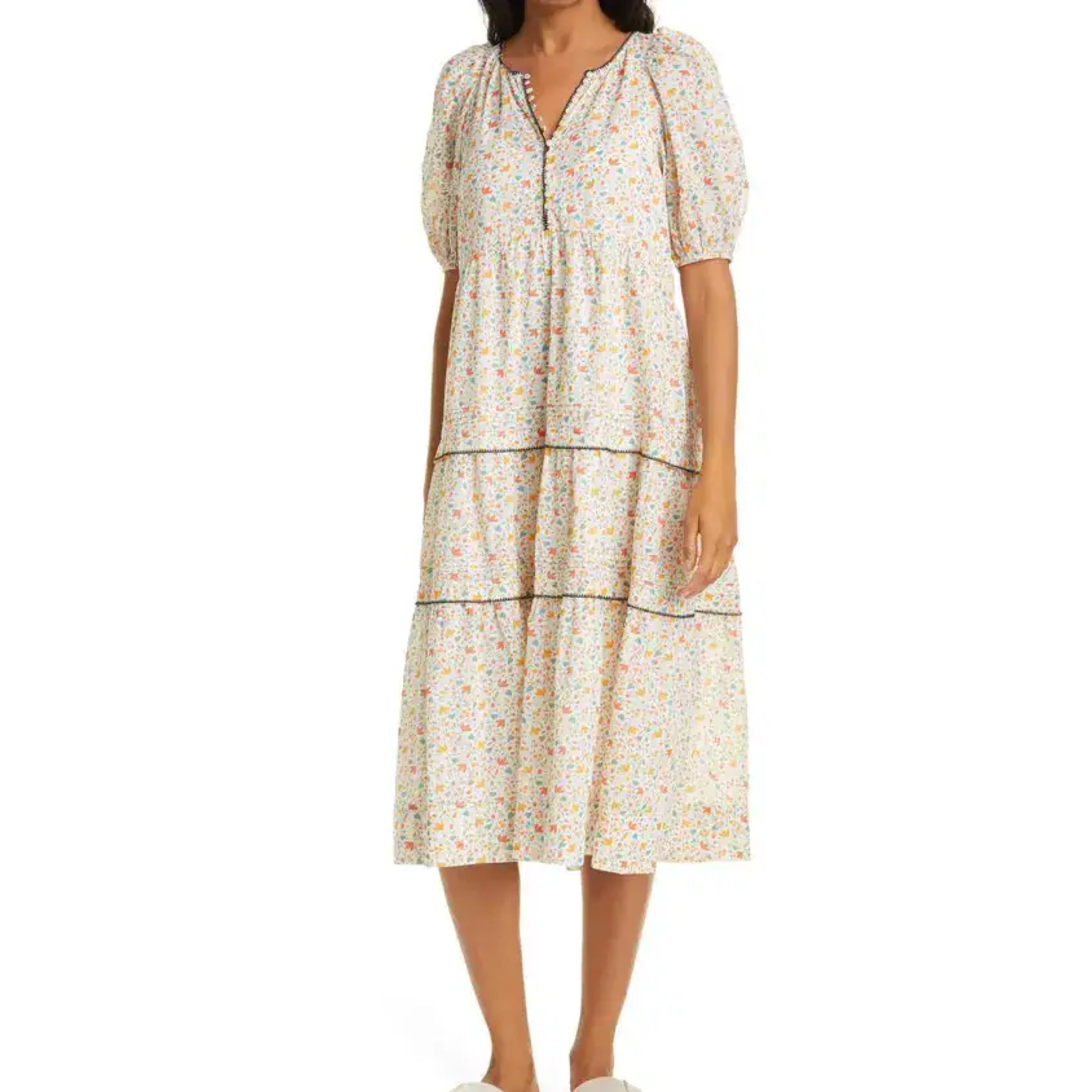 The Great cream, orange, and aqua floral Whipstitched Ravine dress, size S