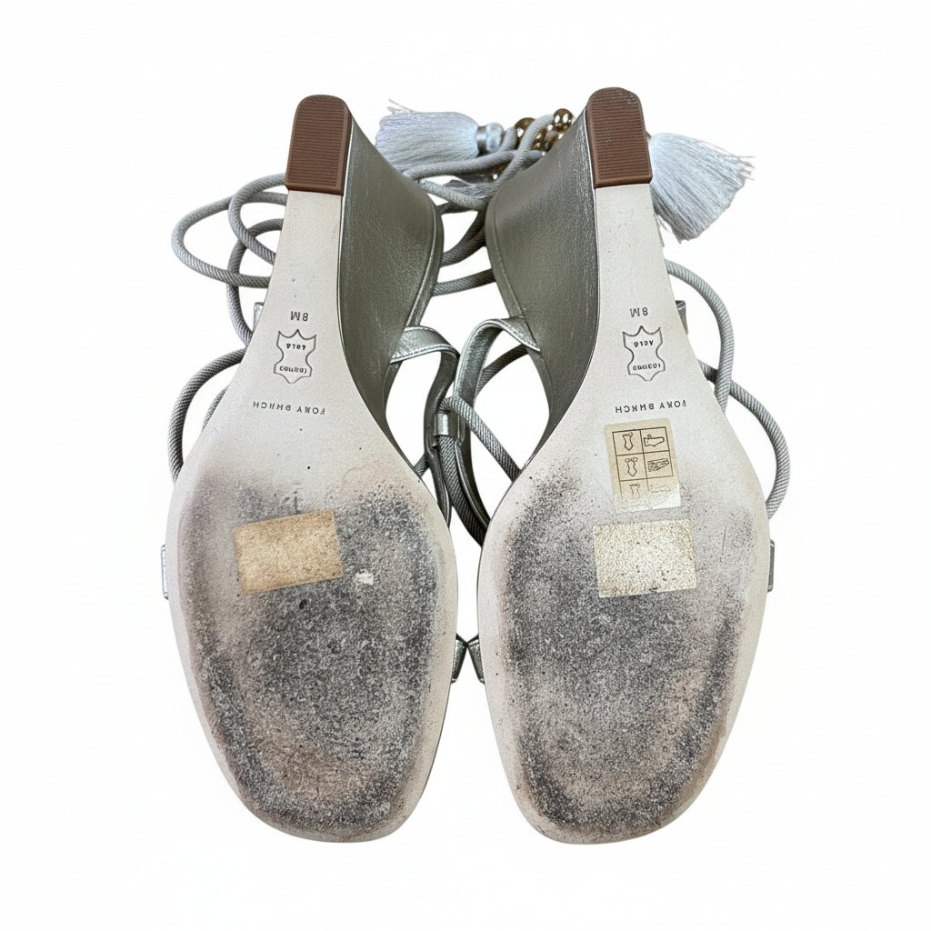 Tory Burch gold wedge shoes with tassel ties, size 8