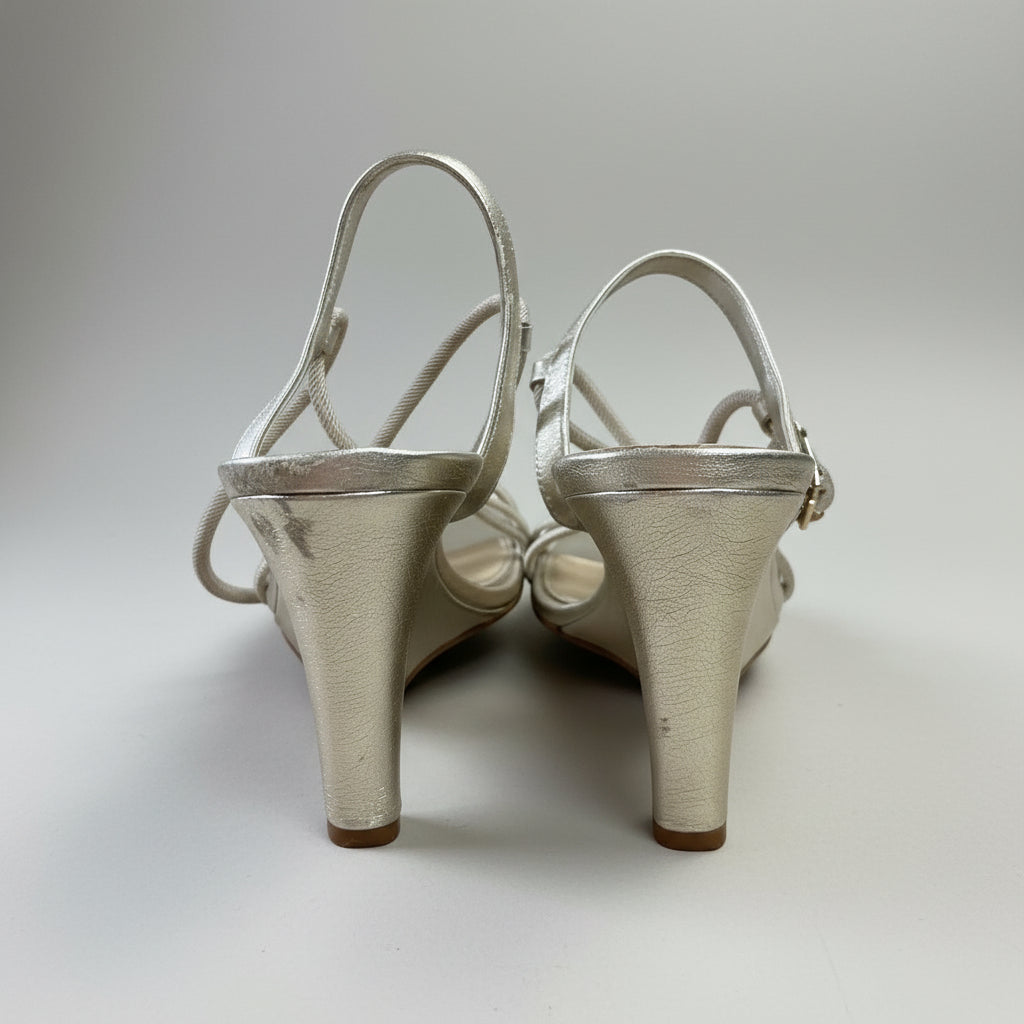 Tory Burch gold wedge shoes with tassel ties, size 8