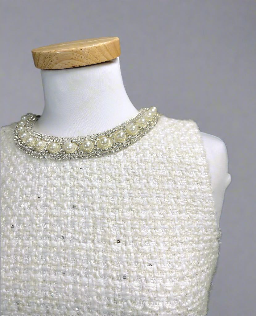 Alice & Olive white tweed dress with pearl/rhinestone trim, size 2