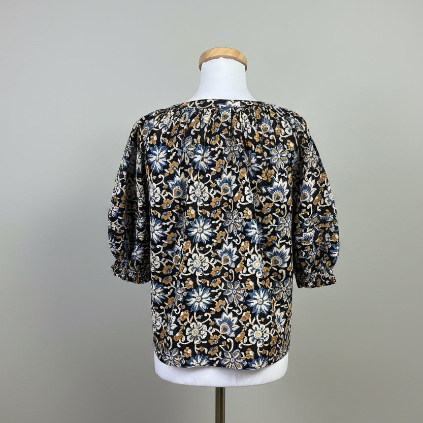 Saule Parc black, tan, and blue floral blouse, size M