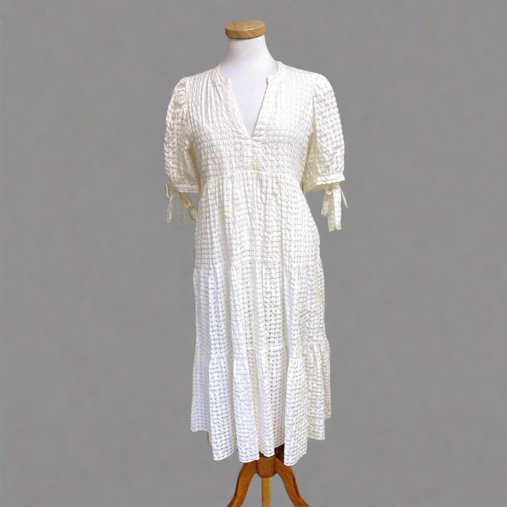 English Factory white gingham tiered midi dress, size M
