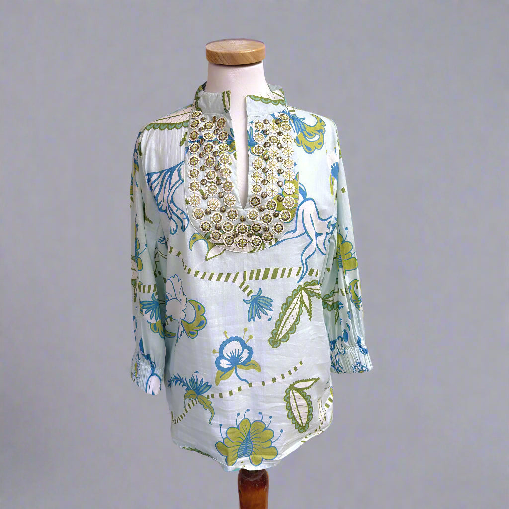 Sheridan French light blue and green Olive blouse, size S