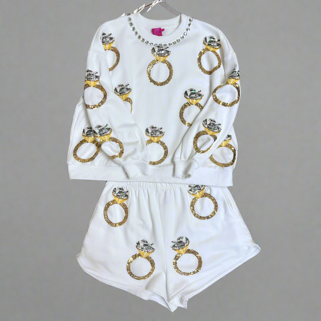 Queen of Sparkles white bridal top and shorts set, size M/L