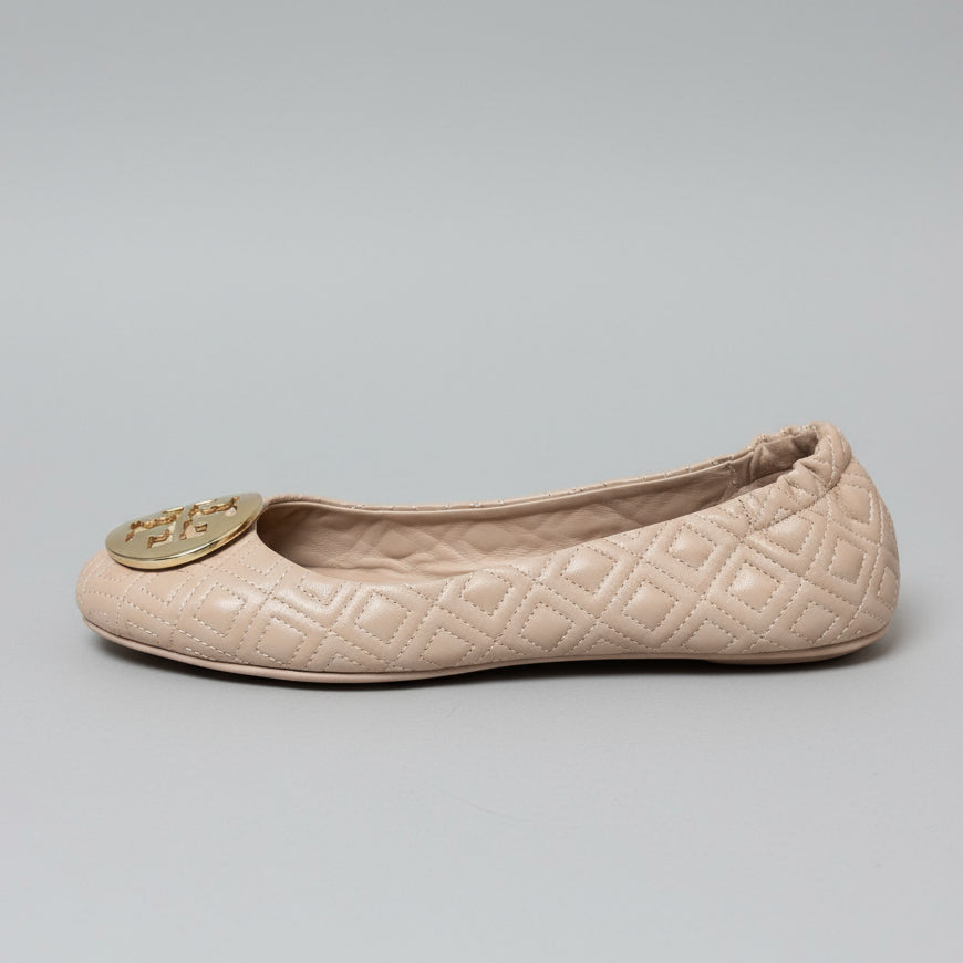 Tory Burch tan quilted Minnie travel flats, size 9