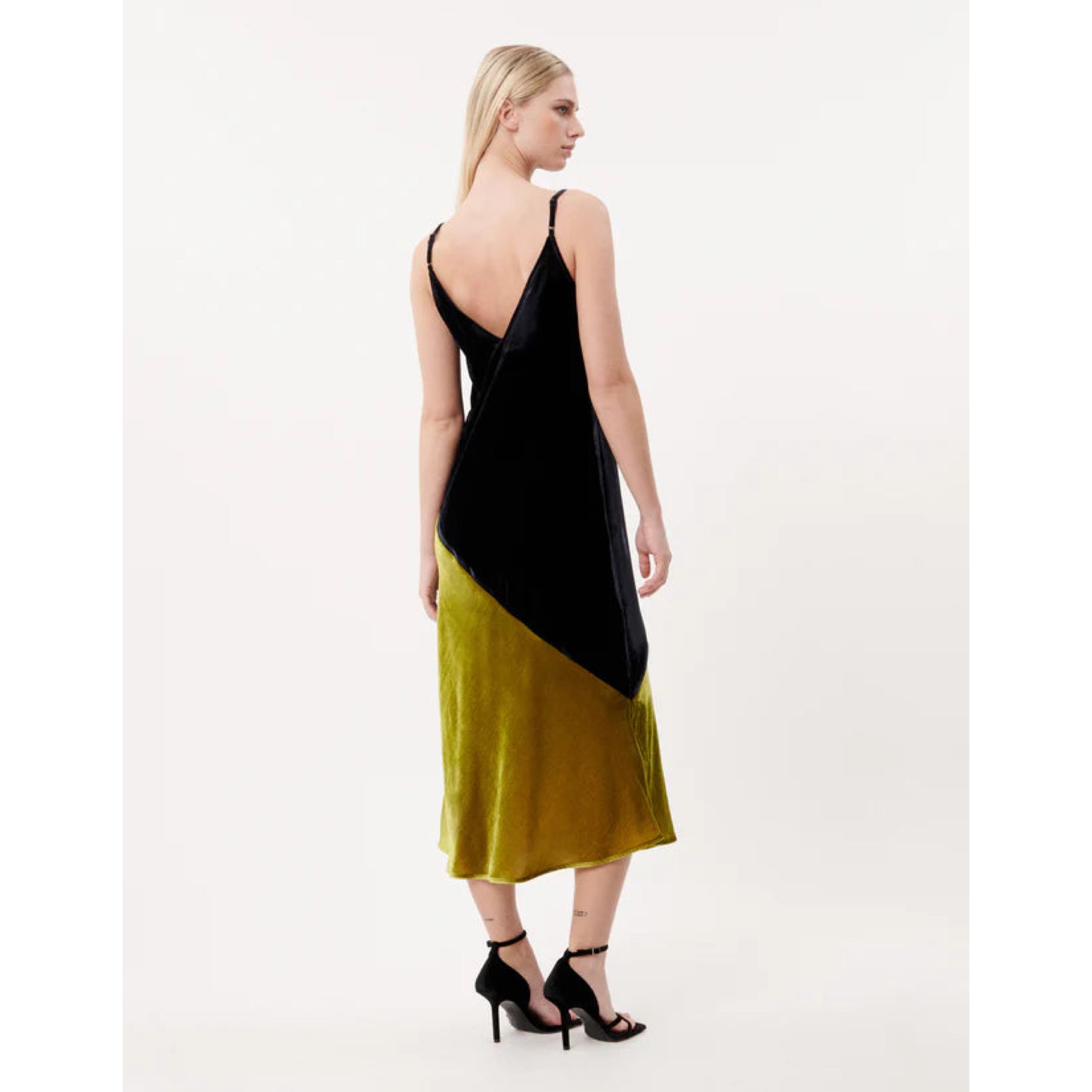 FRNCH marine blue & chartreuse velvet dress, size S, NEW WITH TAGS!