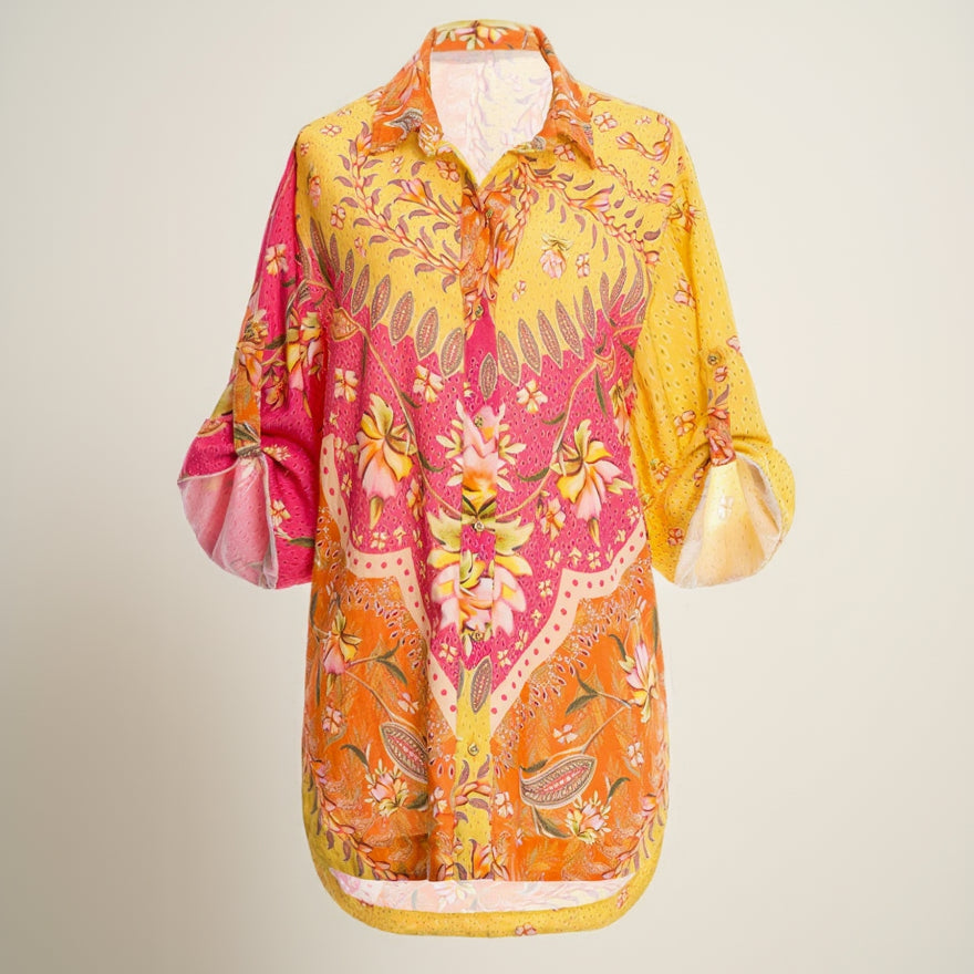 Agua Bendita orange, yellow, and pink Chrissy Lula coverup, size M