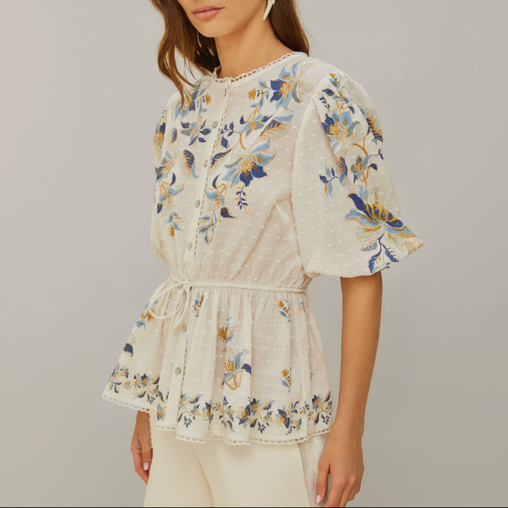 FARM Rio Mystic Blue floral Swiss dot blouse, size L