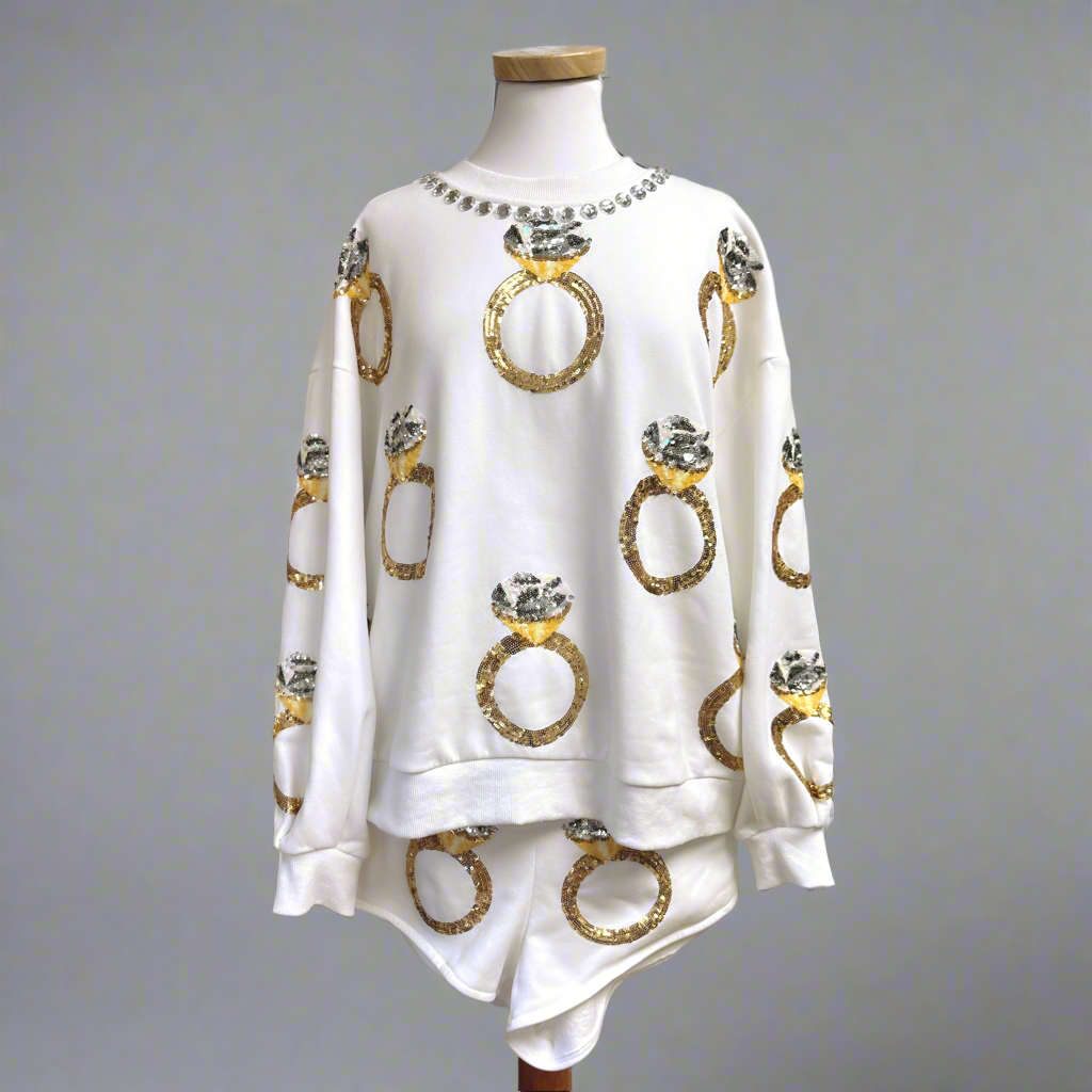 Queen of Sparkles white bridal top and shorts set, size M/L