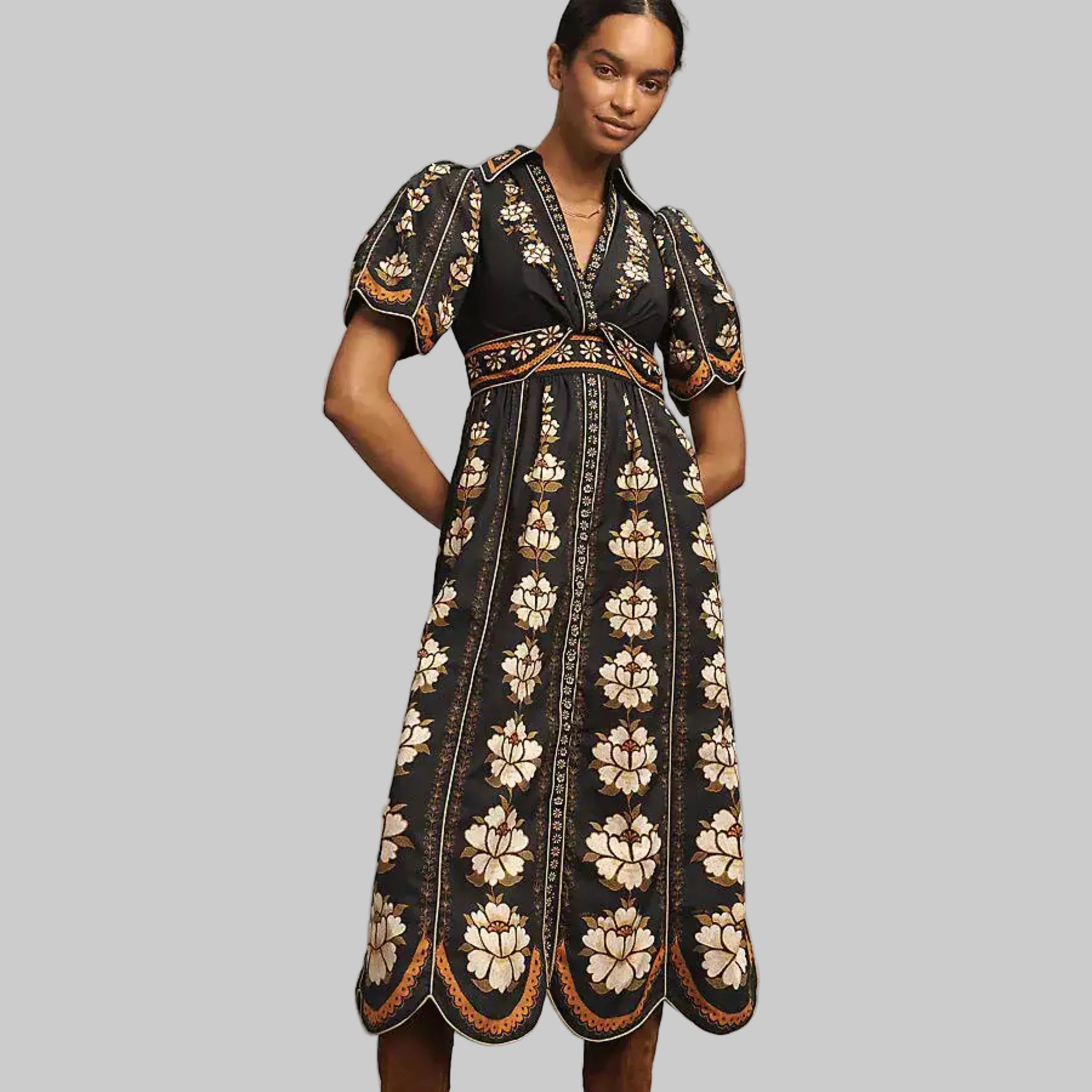 FARM Rio black and tan embroidered floral dress, size M