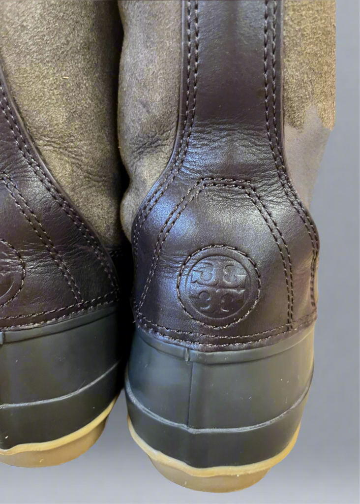 Tory Burch brown and olive Argyll duck boots, size 8