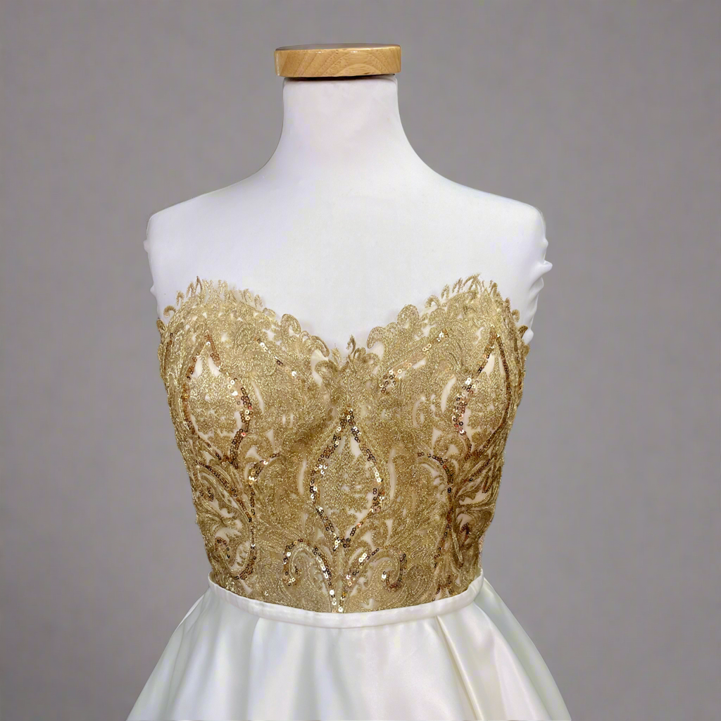 Blush Prom ivory and gold dress, size 10