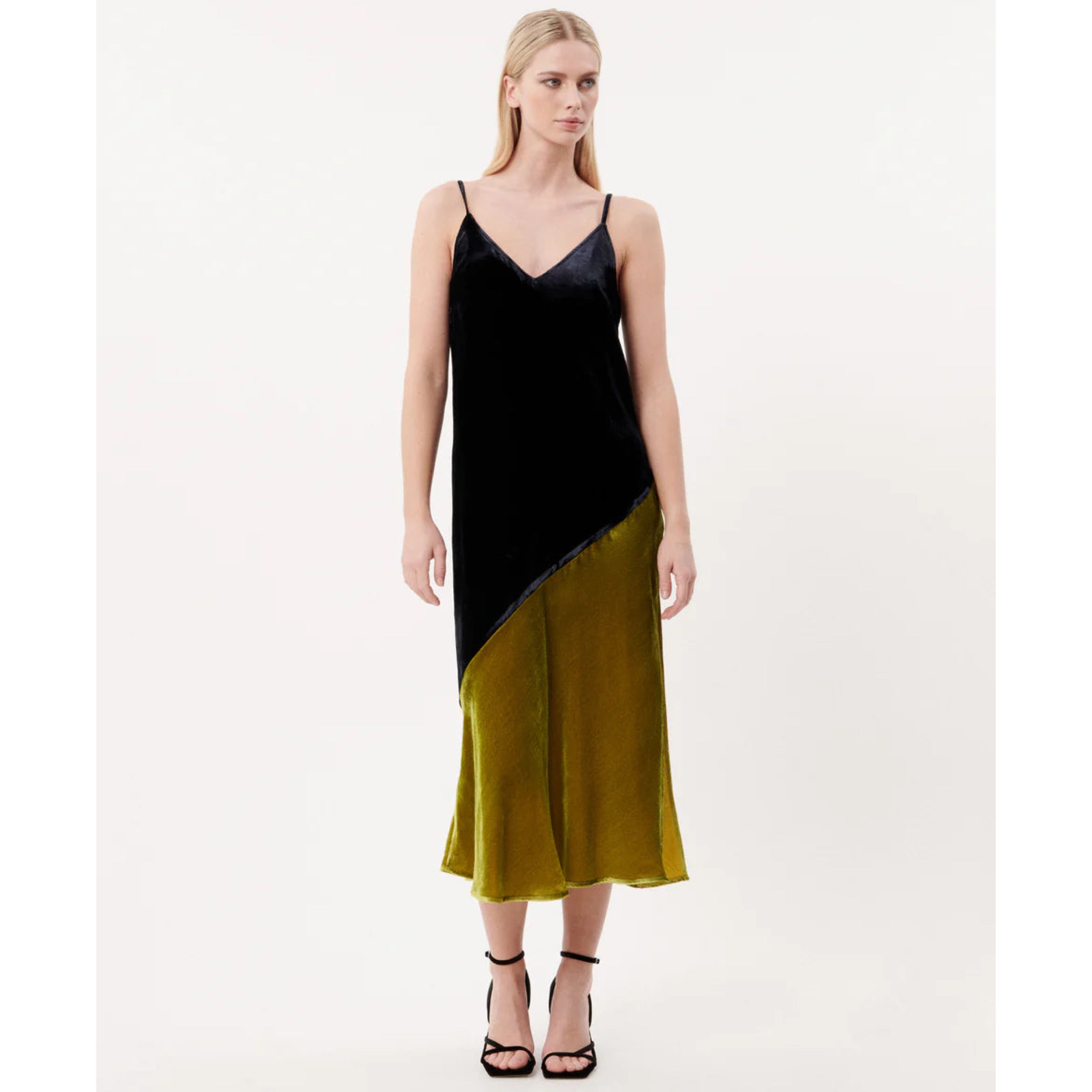 FRNCH marine blue & chartreuse velvet dress, size S, NEW WITH TAGS!