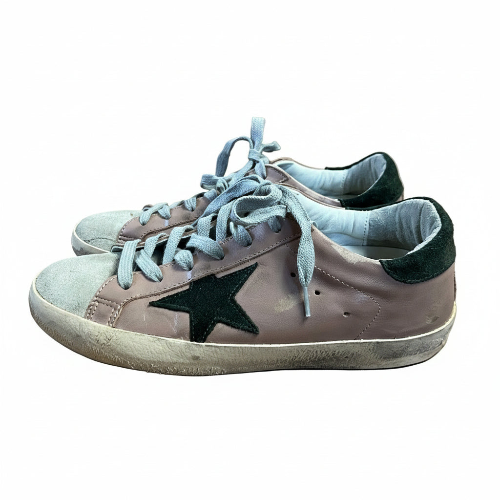 Golden Goose pink leather and olive suede Super Star sneakers, size 37, US 7