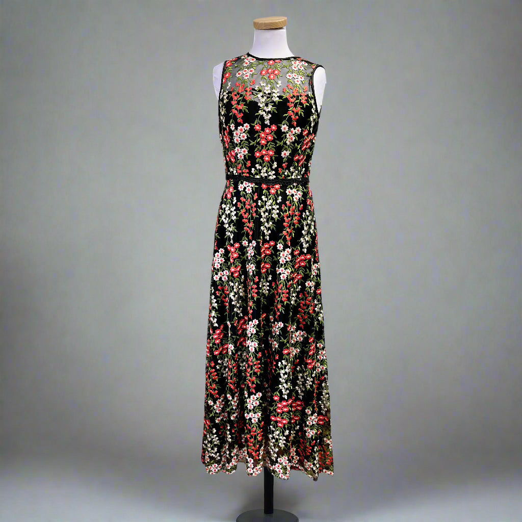 Tahari black embroidered floral dress, size 4