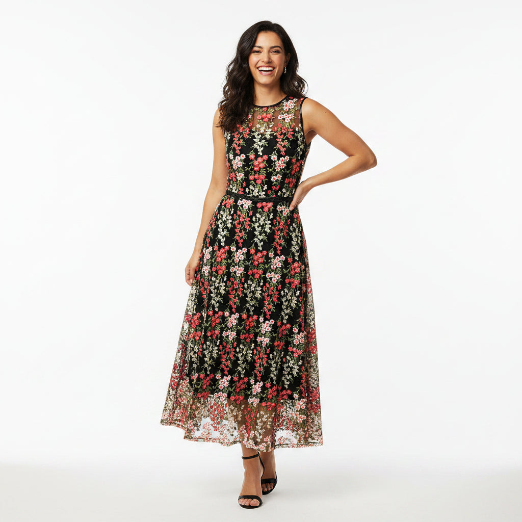 Tahari black embroidered floral dress, size 4