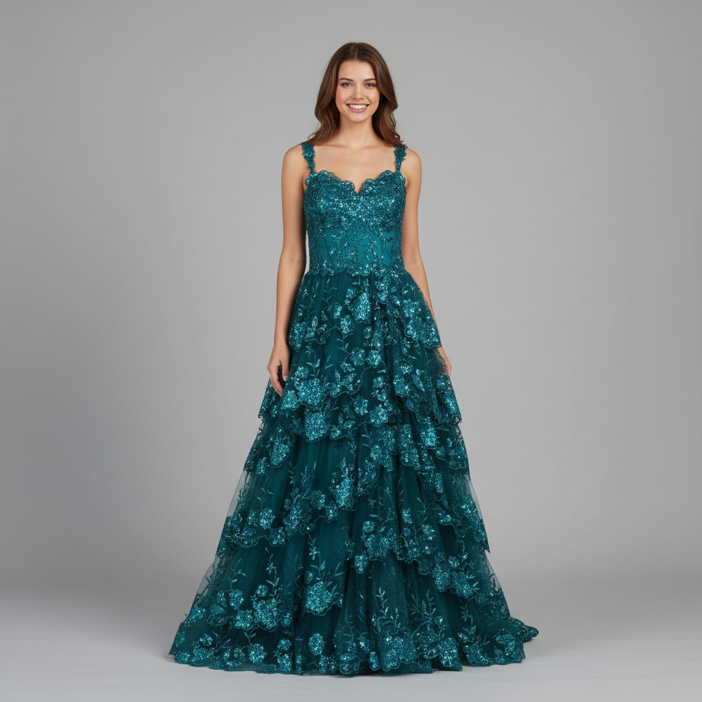 Eureka teal long ruffle tiered dress, size XL