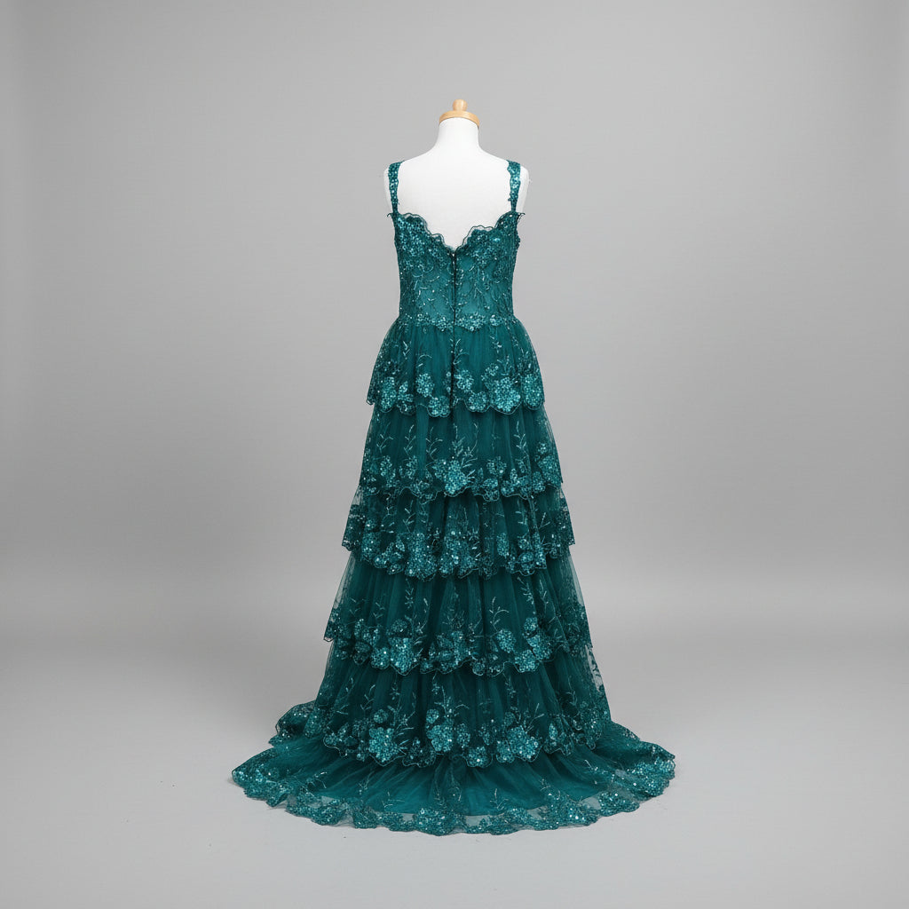 Eureka teal long ruffle tiered dress, size XL