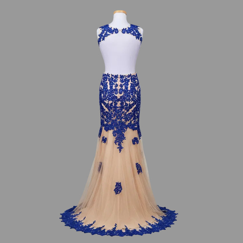 Dave & Johnny blue and nude long backless dress, size 3/4