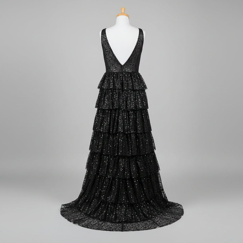 JVN by Jovani black ruffle skirt dress, size 6