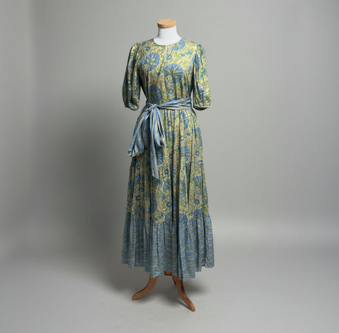 Oliphant tan, blue, and gold floral dress, size S