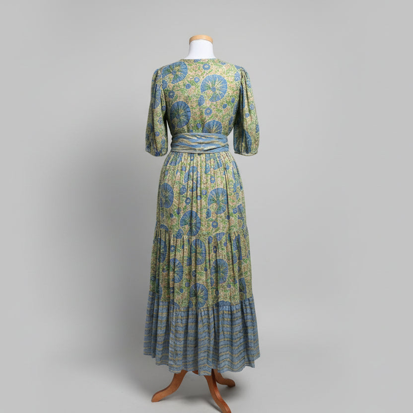 Oliphant tan, blue, and gold floral dress, size S