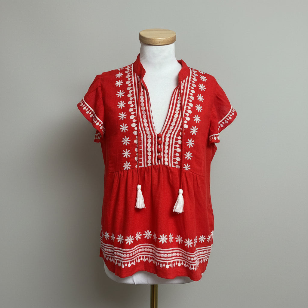 STS red linen with white embroidery blouse, size M