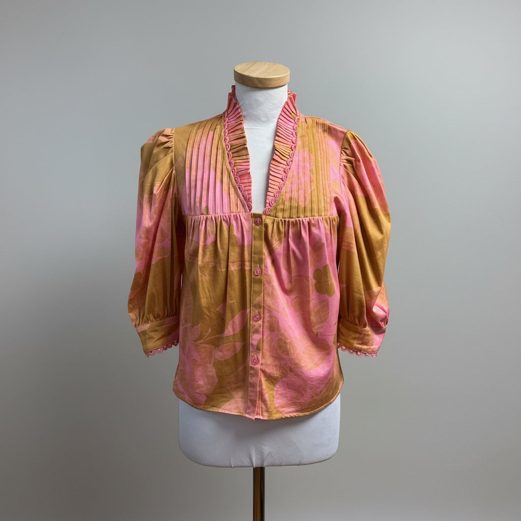 Alden Adair pink and tan floral Secret Garden blouse, size XS, NEW WITH TAGS!