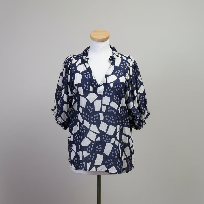 THML navy/white collared puff sleeve blouse, Size L