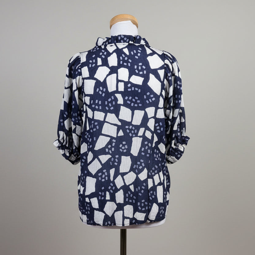 THML navy/white collared puff sleeve blouse, Size L