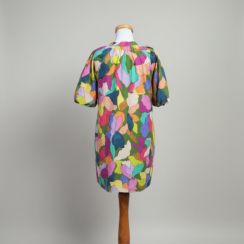 THML multicolor bright puff sleeve v-neck dress, Size M